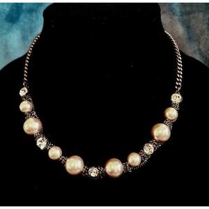 Vintage Givenchy Necklace Champagne Pearl Faux Crystal Signed Bronze Necklace